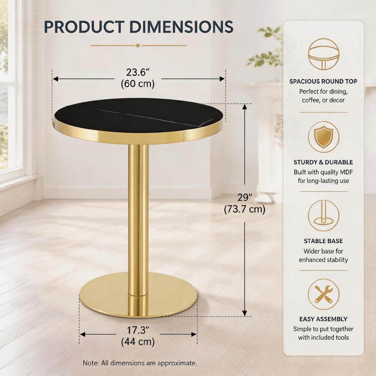 BARTISCH in Schwarz|Goldfarben Beistelltisch mit Marmoroptik-Tischplatte und Edelstahlgestell, B60/T60/H74cm - Goldfarben/Schwarz, Holzwerkstoff/Metall (59.5/59.5/73.5cm) - STILVORA