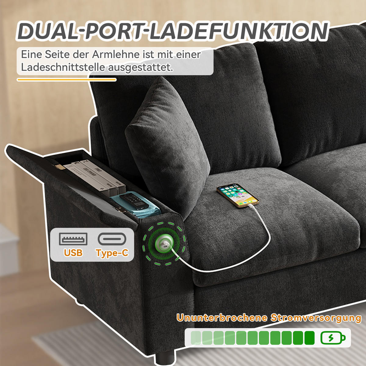 SOFA Grau L-Form Chenille Stauraum USB Couchtisch flexibel - Grau, Textil (137/84/280cm) - FLIEKS