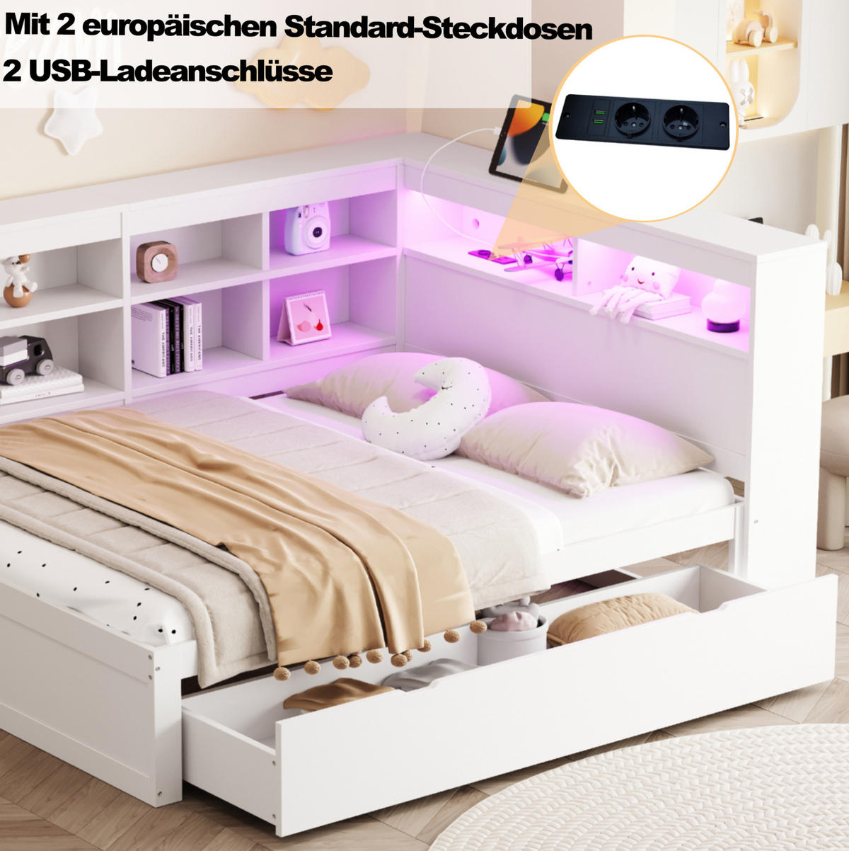 BETT 140/200 cm aus Holz mit Stauraum, LED-Beleuchtung und USB-Anschluss - Weiß, Holz (140/200cm) - Flora Grace