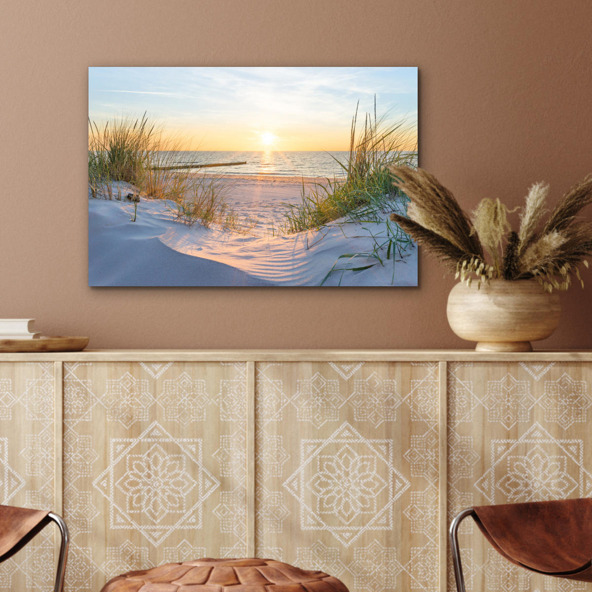 METALLBILD Strand - Sonne - Düne - Gras - Sand - Horizont 60x40 cm - Hellblau, Metall (60/40cm) - MuchoWow