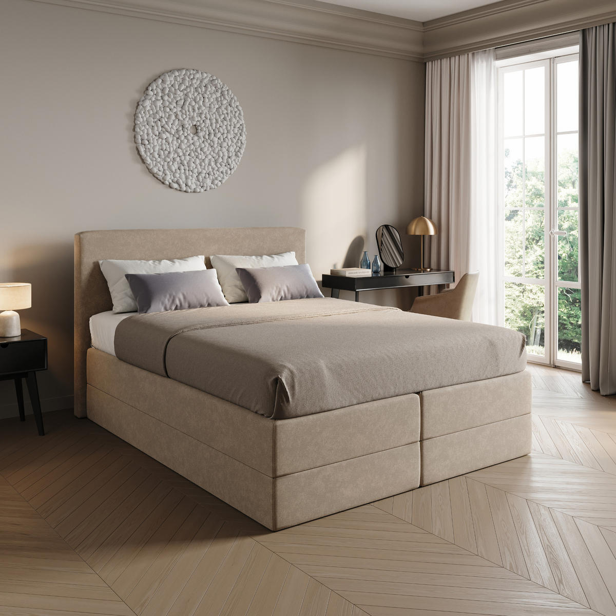 BOXSPRINGBETT mit Bonnell Matratze, mit Kopfteil, 160 x 200 cm, in Beige - Beige, Naturmaterialen (160/200cm) - Home Collective