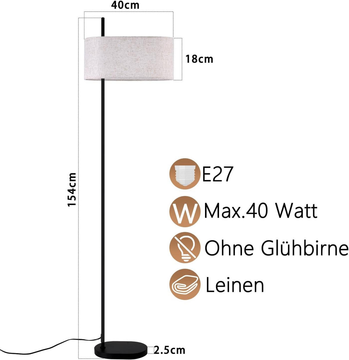 STEHLAMPE Xyvva 21.2/155.0/40.0 cm - Schwarz, Metall (40/21.2/155cm) - ZMH