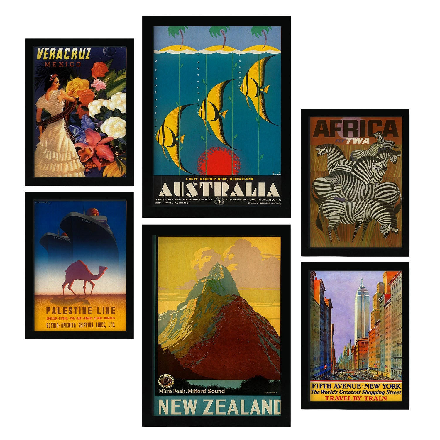 POSTER Set Mit 6 Von Norden Nach Süden Vollfarbige Illustrationen Von Vintage Tourismus Werbetafeln Aus Der Ganzen Welt A3 & A4 Schwarzer Rahmen - Schwarz, Papier (29/3cm) - Nacnic
