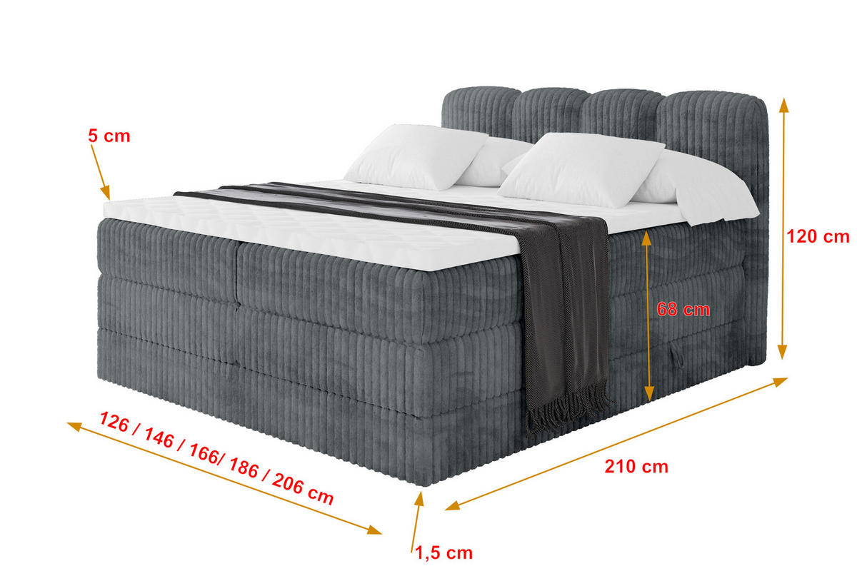 BOXBETT mit Matratze H3|H4 - NINA KING - 160x200 cm - Dunkelgrau - Schieferfarben, Holzwerkstoff (160/200cm) - ALTDECOR