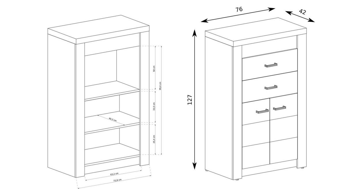KOMMODE ZERI 76/127/42cm mit 2 Schubladen 2 Türen Eiche Bianco - Eiche Bianco, Holzwerkstoff (76/127/42cm) - MASSENO