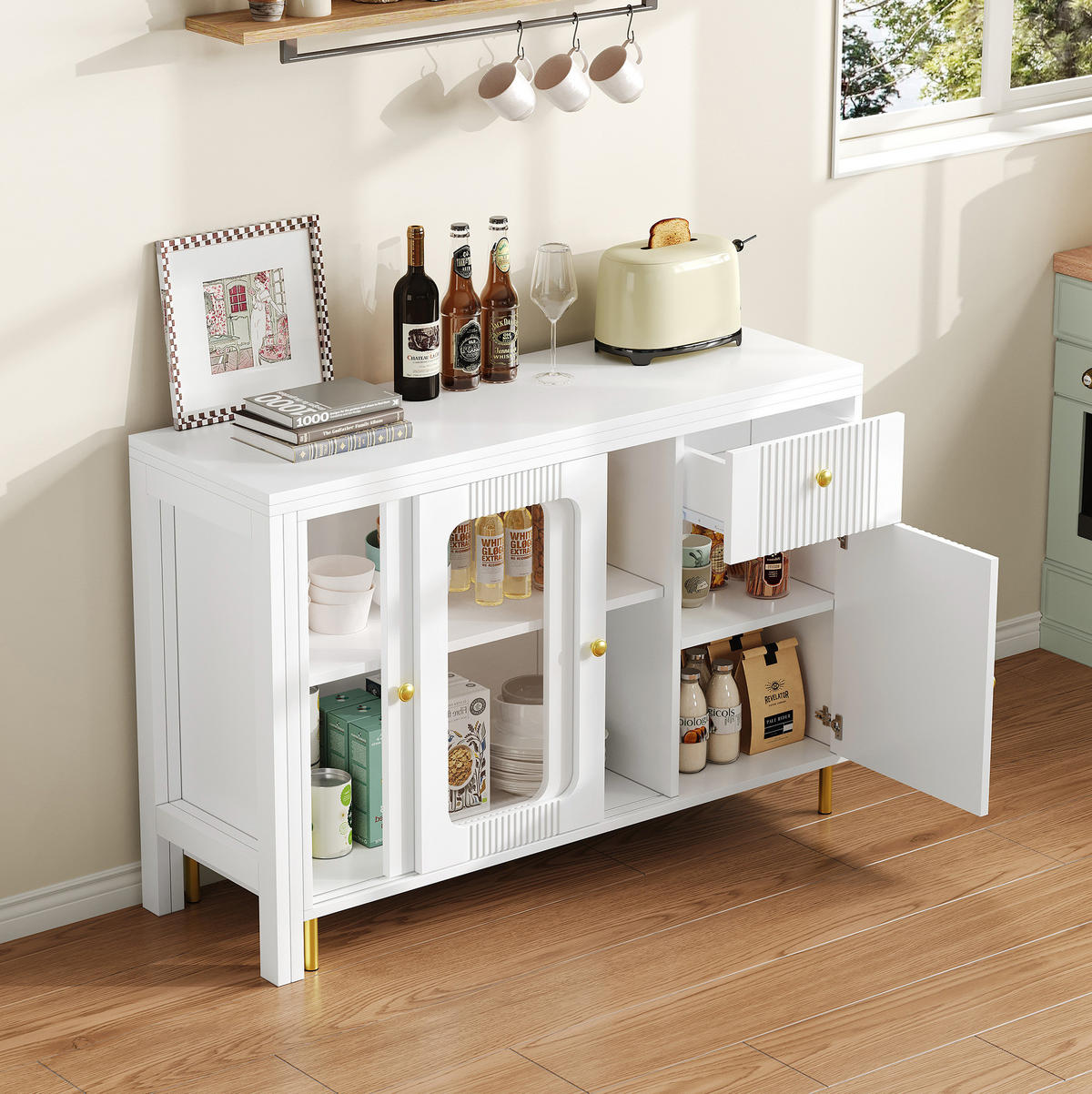 SIDEBOARD 116/40/78,5 cm in Weiß mit Auszugstisch, Glastüren & Schubladen - Weiß, Holzwerkstoff (116/78/40cm) - BEAOK