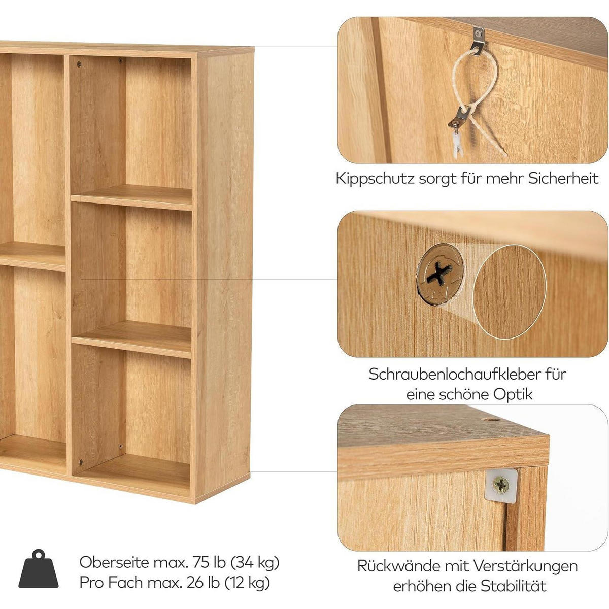 BÜCHERREGAL Würfelregal Naturholz 8 Fächer 91,2 x 91,4 x 24 cm - Braun, Holzwerkstoff (91.4/91.2/24cm)