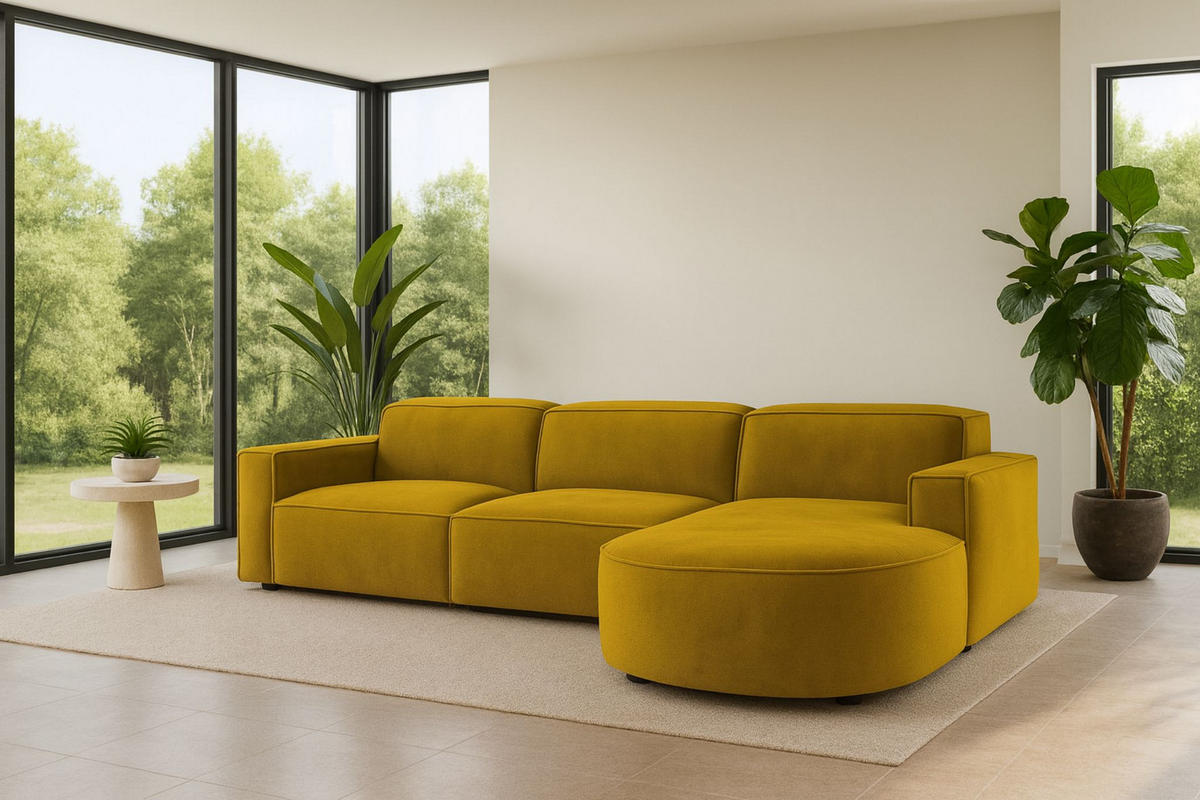 ECKSOFA Cursal Round L-Form, Stoff Salvador, Gelb, Rechts - Gelb, Holz (284/166cm) - Kaiser Möbel