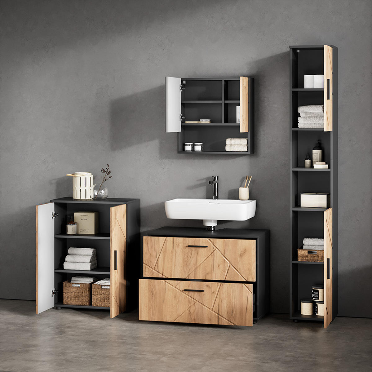 BADMÖBEL-SET Ronco Goldkraft Eiche/Anthrazit 4 Teile, mit Schubladenschrank und Midischrank - Anthrazit/Eiche Wotan, Holzwerkstoff (80/58/41cm) - Livinity®