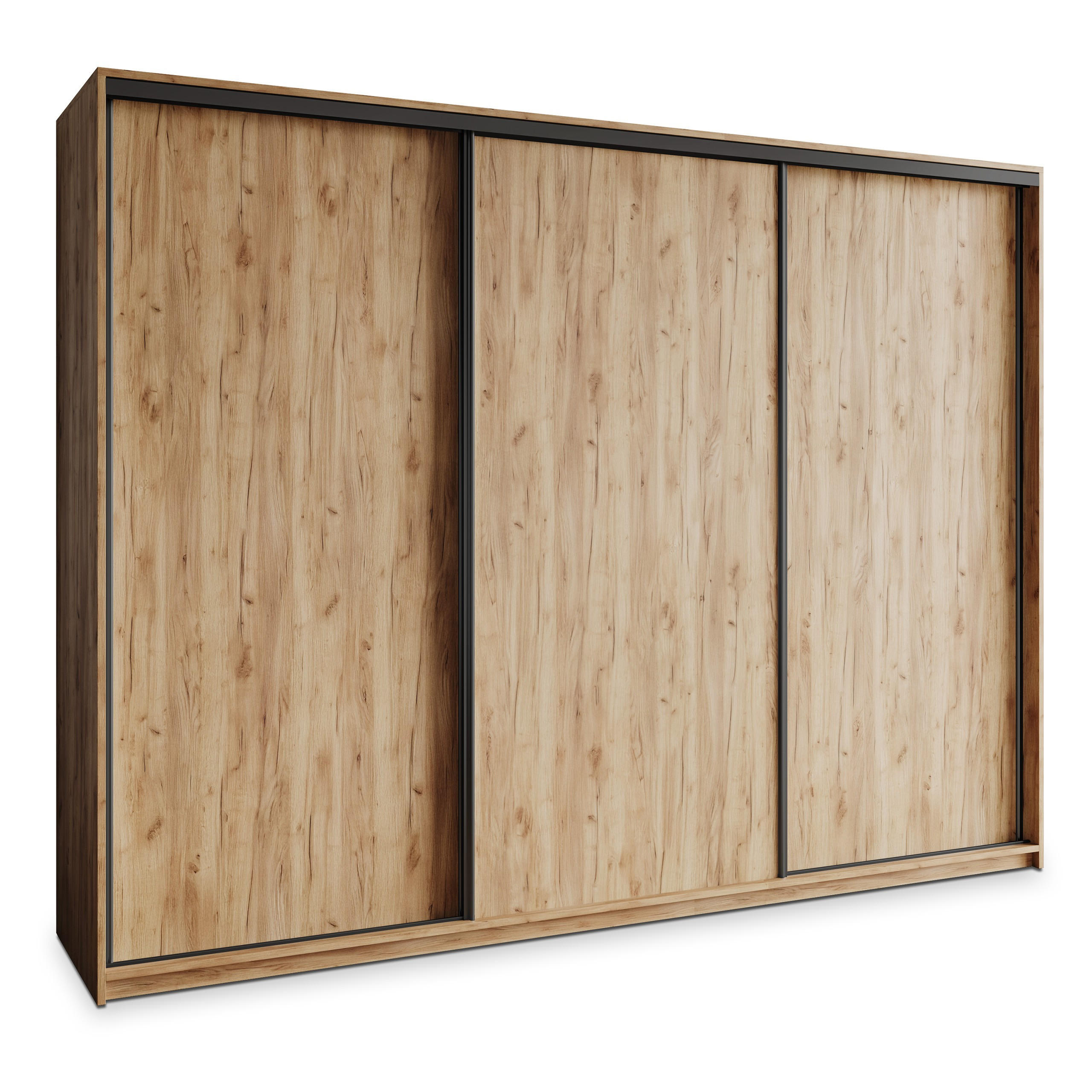 SCHWEBETÜRENSCHRANK NISSE 250/205/60 cm 3-türig mit Schubladen Craft Eiche Gold - Schwarz/Orange, Holzwerkstoff (250/205/60cm) - MASSENO