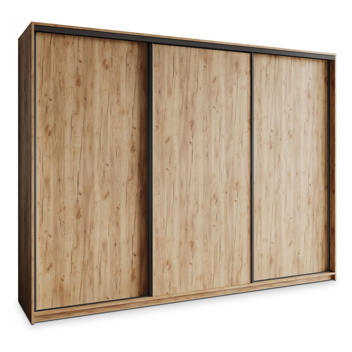 SCHWEBETÜRENSCHRANK NISSE 250/205/60 cm 3-türig mit Schubladen Craft Eiche Gold - Schwarz/Orange, Holzwerkstoff (250/205/60cm) - MASSENO
