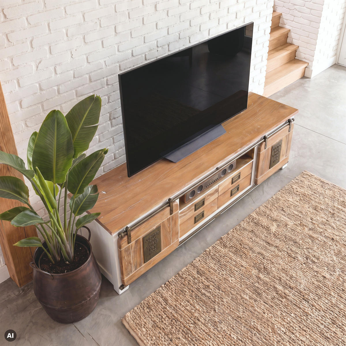 TV-BOARD Mango 200x55x55 weiß lackiert RAILWAY #314 - Weiß, Holz (200/55/55cm) - Massivmoebel24