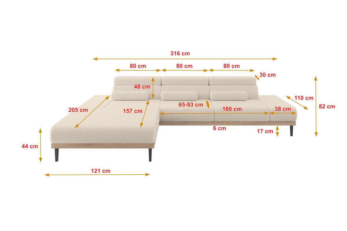 ELEKTRISCHES ECKSOFA Links MONA 316x205x85 Dunkelbeige Bouclé - Cappuccino, Holzwerkstoff/Textil (316/205cm) - ALTDECOR