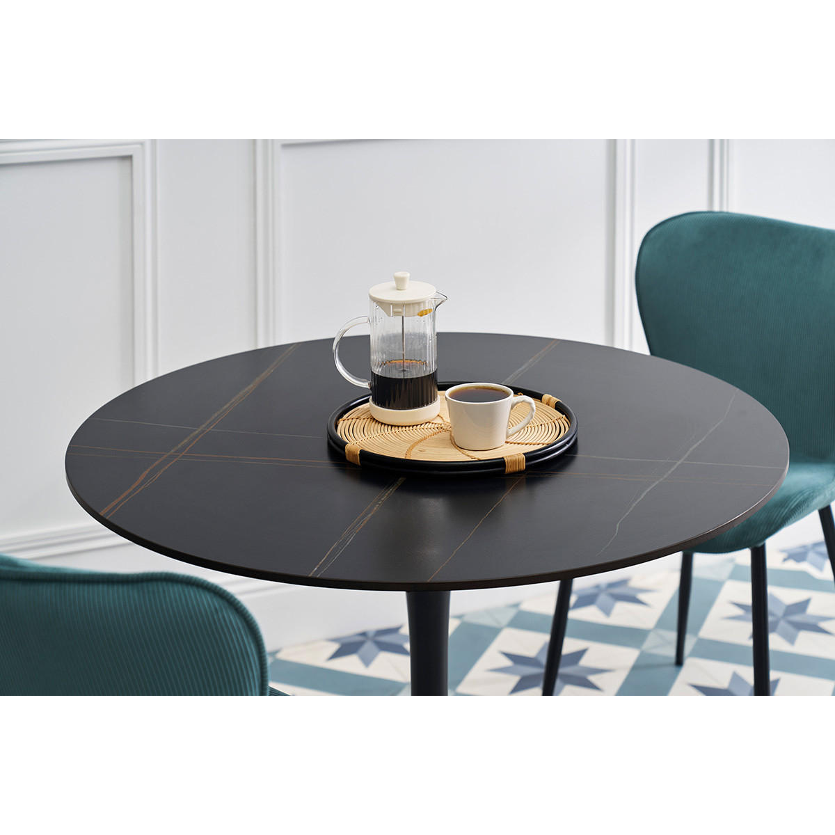 ESSTISCH rund, schwarze Keramik und Metall D90 cm MALOU - Schwarz, Stein (90/90/75cm) - Miliboo