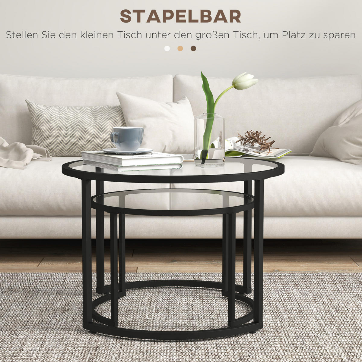 COUCHTISCH aus Stahl Ø70x47,5/Ø54x42,5 cm in Schwarz mit Hartglasplatte - Schwarz, Metall (70/70/47.5cm) - Modfu