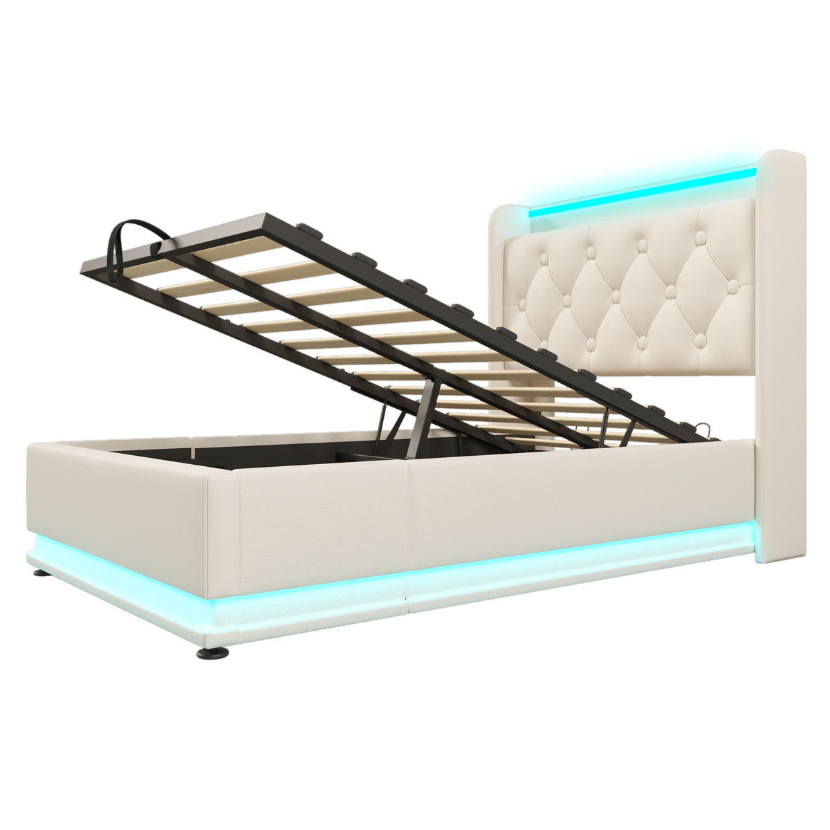 POLSTERBETT 90x200cm Einzelbett 360° LED USB-C Hydraulik Weiß PU - Weiß, Holz (90/200cm) - FLIEKS