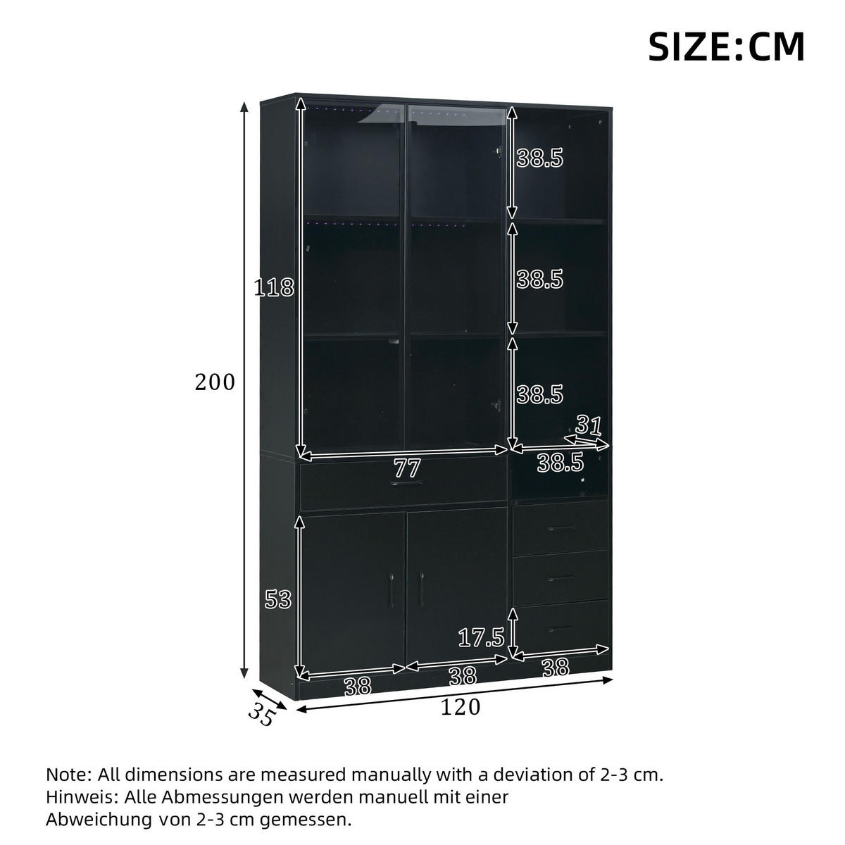 VITRINE in Schwarz Hochschrank mit Glasvitrine, Schubladen und LED, 120/35/200cm, für Esszimmer und Wohnzimmer - Transparent/Schwarz, Glas/Holzwerkstoff (120/200/35cm) - STILVORA