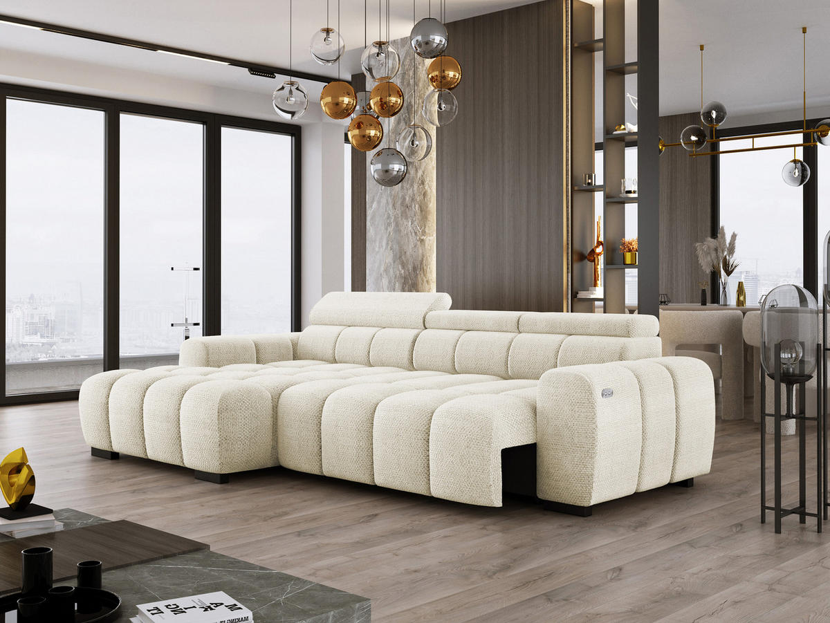 ECKSOFA OMBO 285x168x77/97 cm, Links, Schlaffunktion, elektr. Sitz, Kopfstützen, hydrophober EDEN-Stoff – Weiß - Weiß, Holz/Textil (168/285cm) - DomoHome