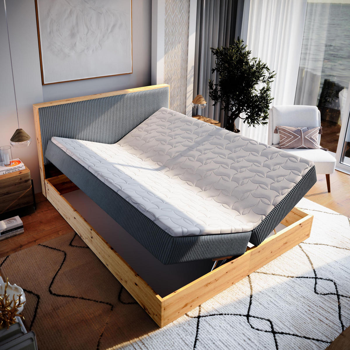 BOXBETT VERDON 180x200 cm mit Matratze und Topper - Blau - Blau, Holz (180/200cm) - MASSENO