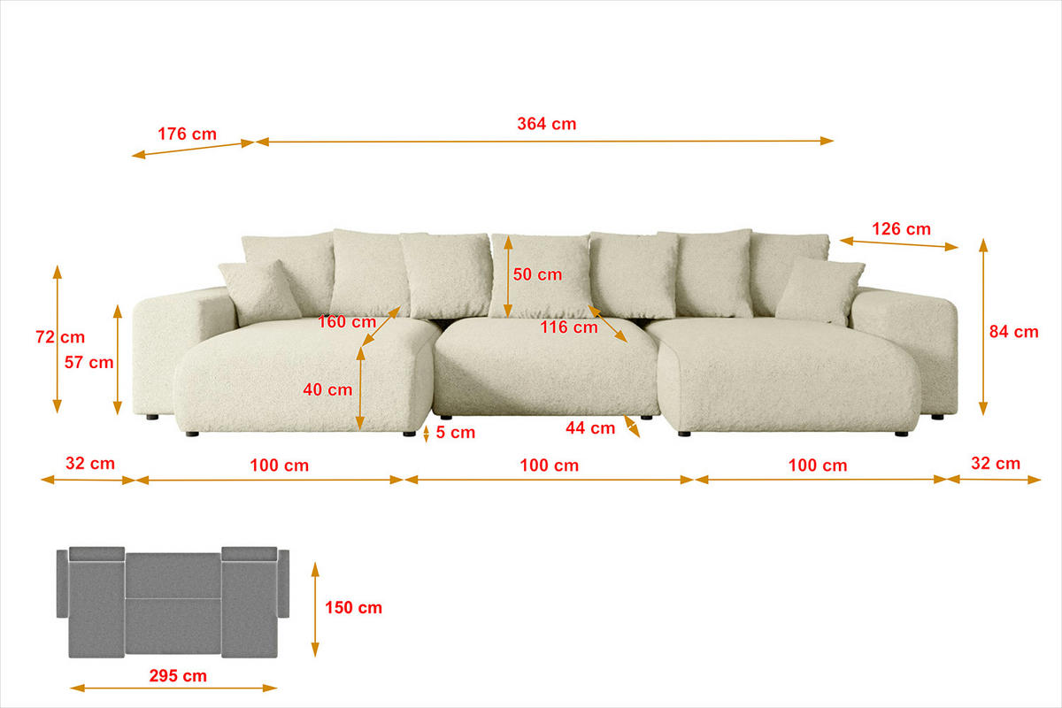 WOHNLANDSCHAFT mit Schlaffunktion ESKAR-U -364x176x84cm Beige Bouclé - Beige/Schwarz, Holzwerkstoff/Kunststoff (364/84/176cm) - ALTDECOR