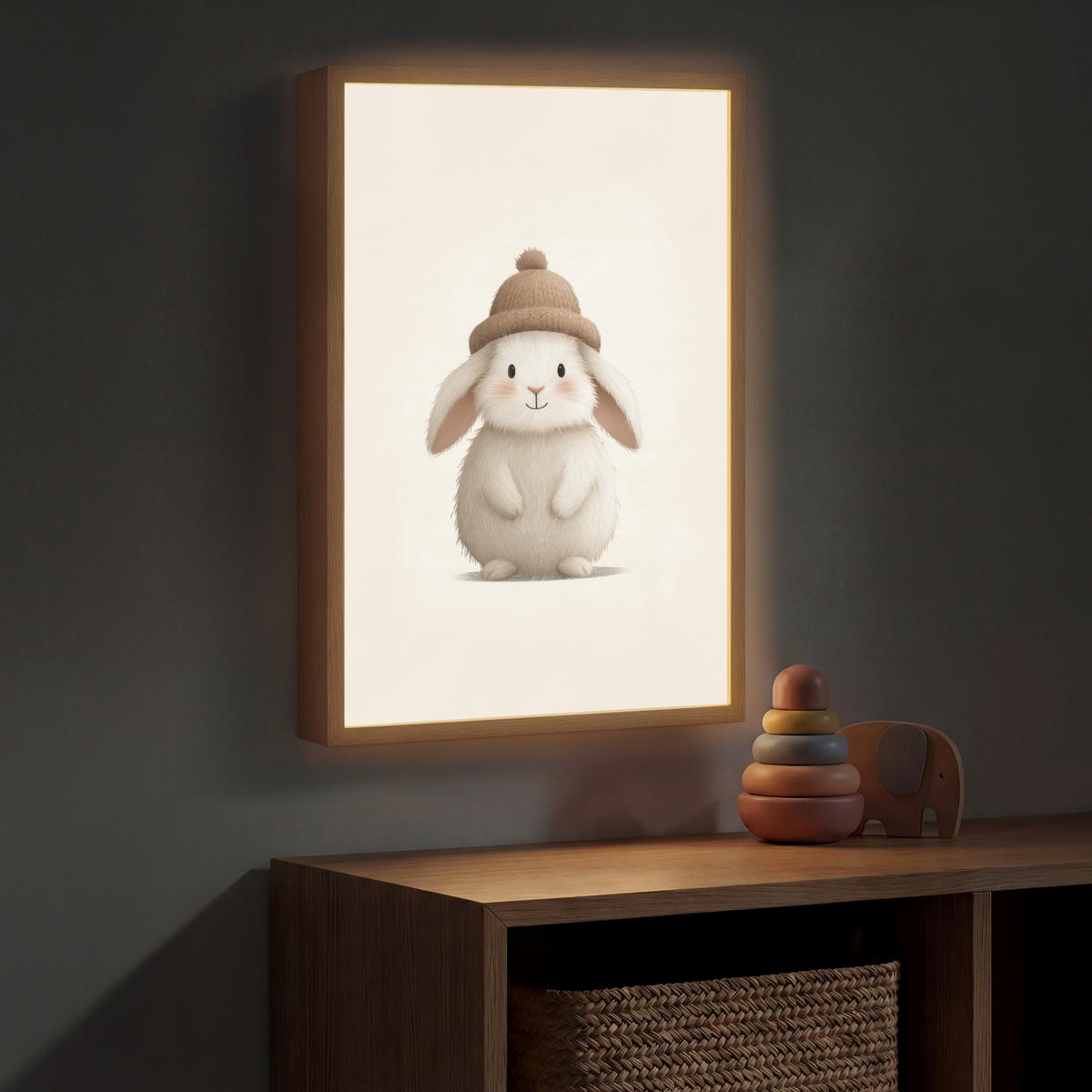 NÁSTĚNNÁ LAMPA S AKUMULÁTOREM Králík - Klobouk - Uši - béžový 40x60 cm - krémová, kompozitní dřevo (40/60/8cm) - OnlyWow