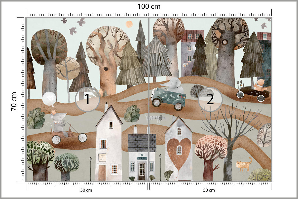 FOTOTAPETE für Kinderzimmer Fantastische Stadt Häuser Wald Tiere Autos 100x70 - Beige/Braun, Papier (100/70cm) - Muralo