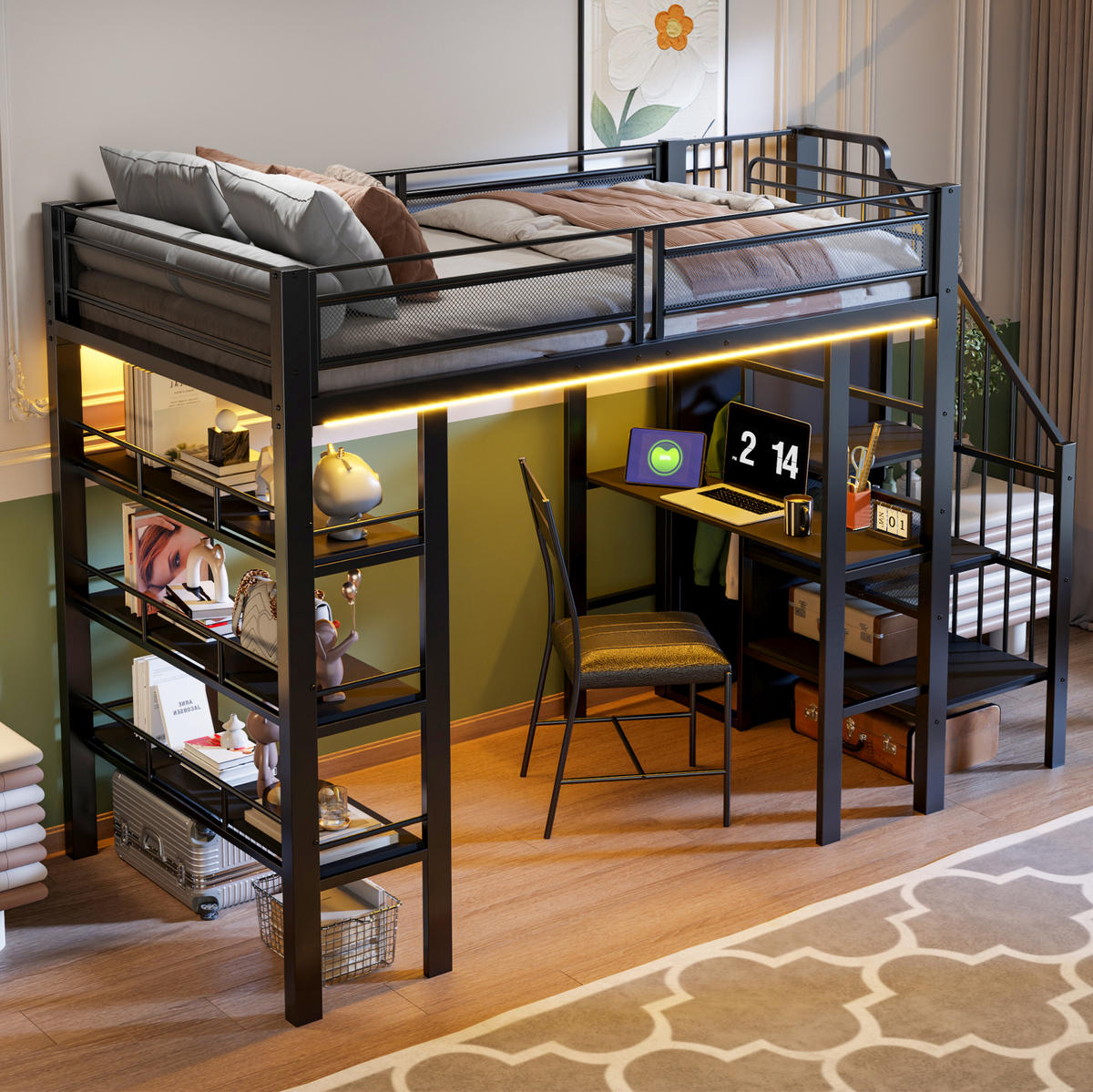 HOCHBETT 90/200 cm mit LED-Lichtleisten, Steckdose, Schreibtisch, Regal und Kleiderschrank, Schwarz - Schwarz, Holzwerkstoff (90/200cm) - Redom