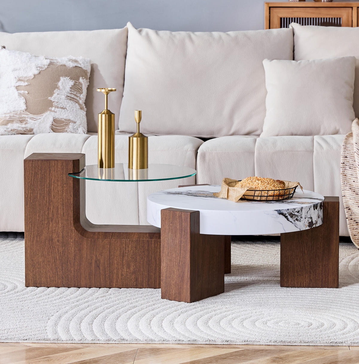 COUCHTISCH-SET 61/61/30 cm trennbar mit Sicherheitsglas und 2 Ebenen, Walnuss/Weiß - Nussbaumfarben, Holzwerkstoff (61/61/30cm) - Redom