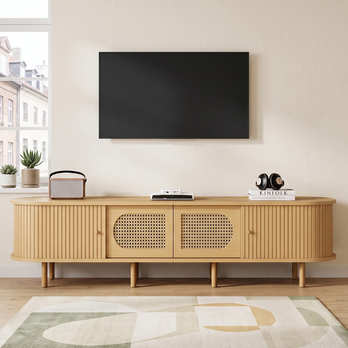 TV-LOWBOARD Oval Holzoptik Hell mit Rattan & Rolltüren 180cm für 75 Zoll - Naturfarben, Holzwerkstoff (180/40/40cm) - Urban Meuble