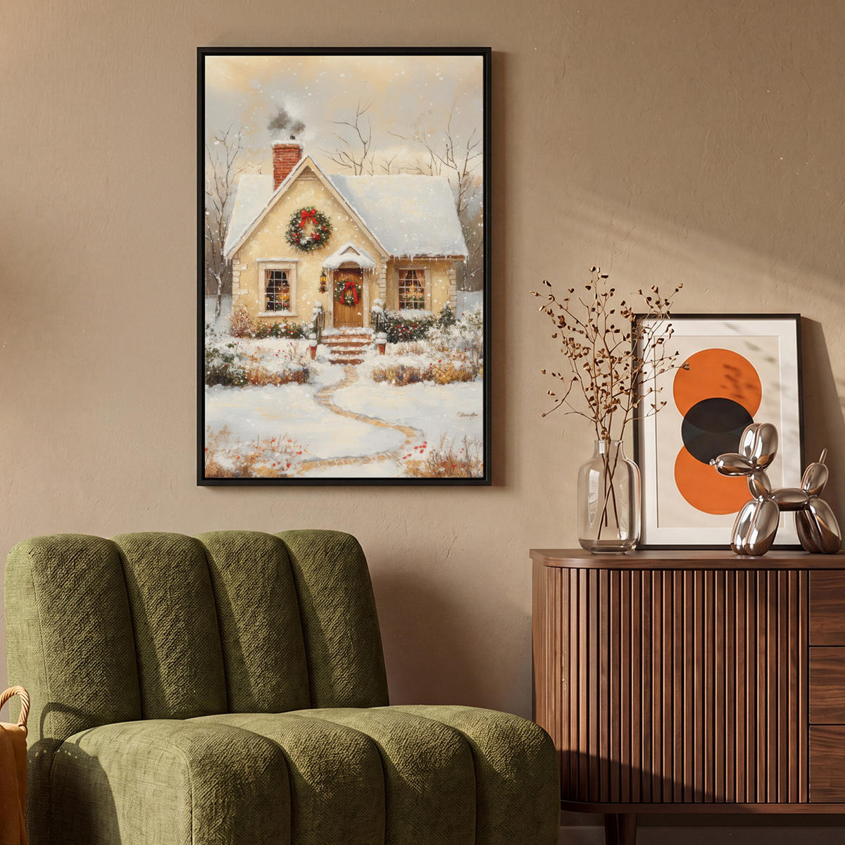 LEINWAND Bilder mit Rahmen - Weihnachten - Zuhause - Winter - Schnee - 60x90 - Creme, Textil (60/90cm) - MuchoWow