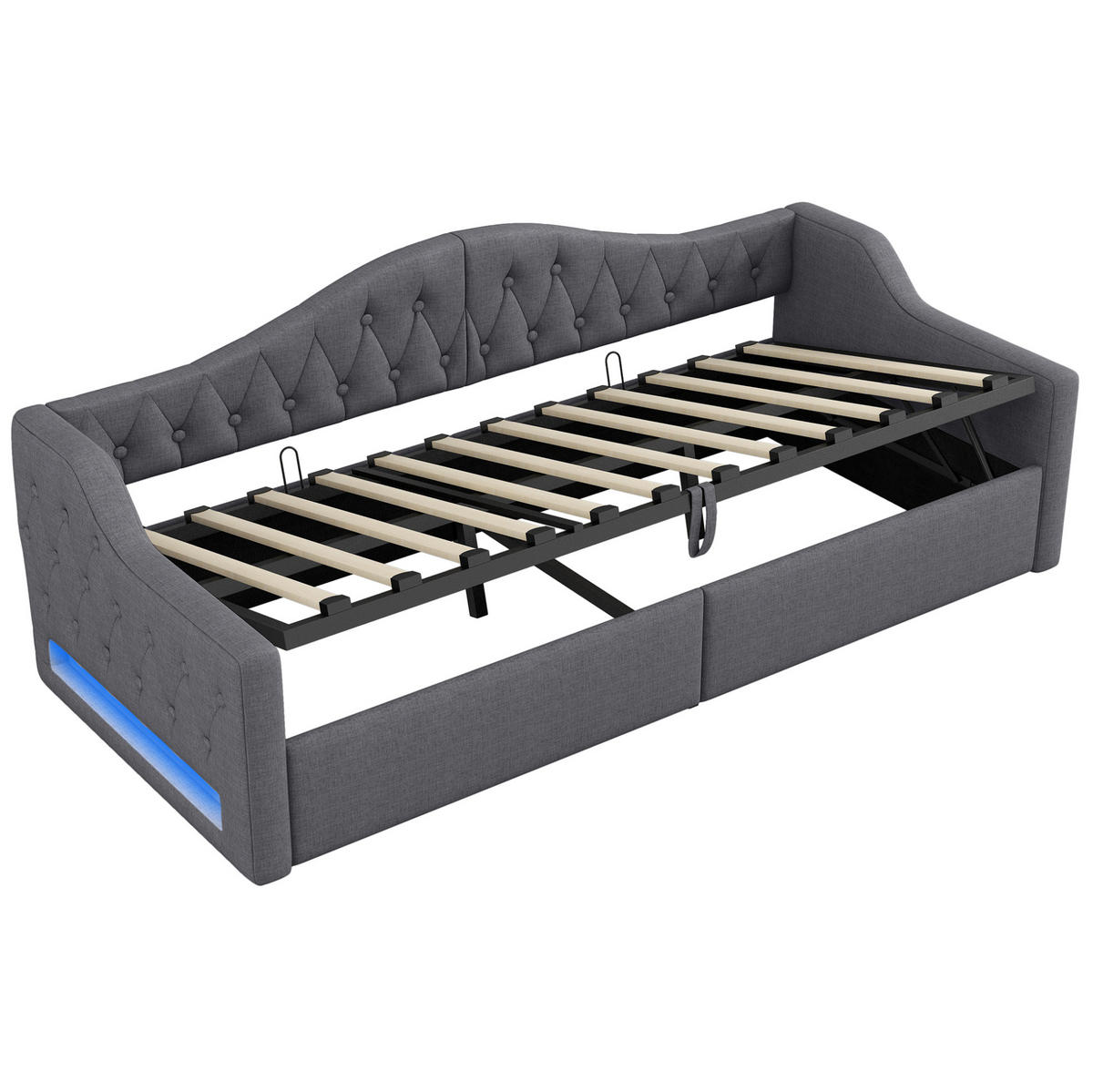 POLSTERBETT aus MDF und Sperrholz 90x200 cm Grau mit LED-Beleuchtung und Stauraum, Leinenpolsterung - Grau, Holzwerkstoff (90/200cm) - Modfu