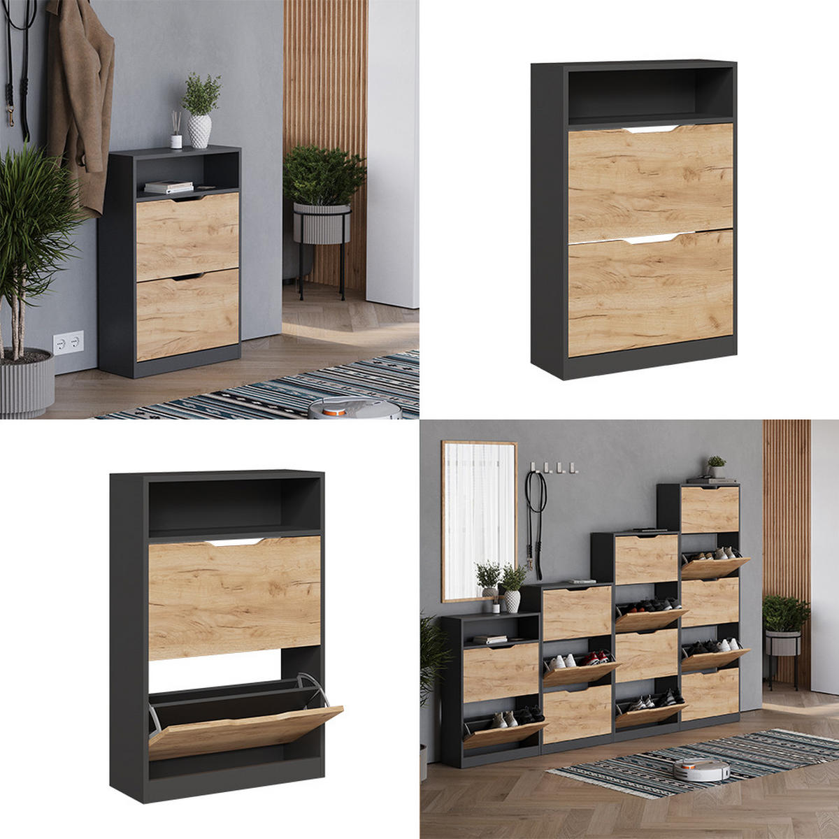 SCHUHKIPPER Luca Anthrazit/Goldkraft Eiche 22 x 89.5 cm mit 2 Fächern - Honigeiche/Anthrazit, Holzwerkstoff (59/89.5/22cm) - Vicco
