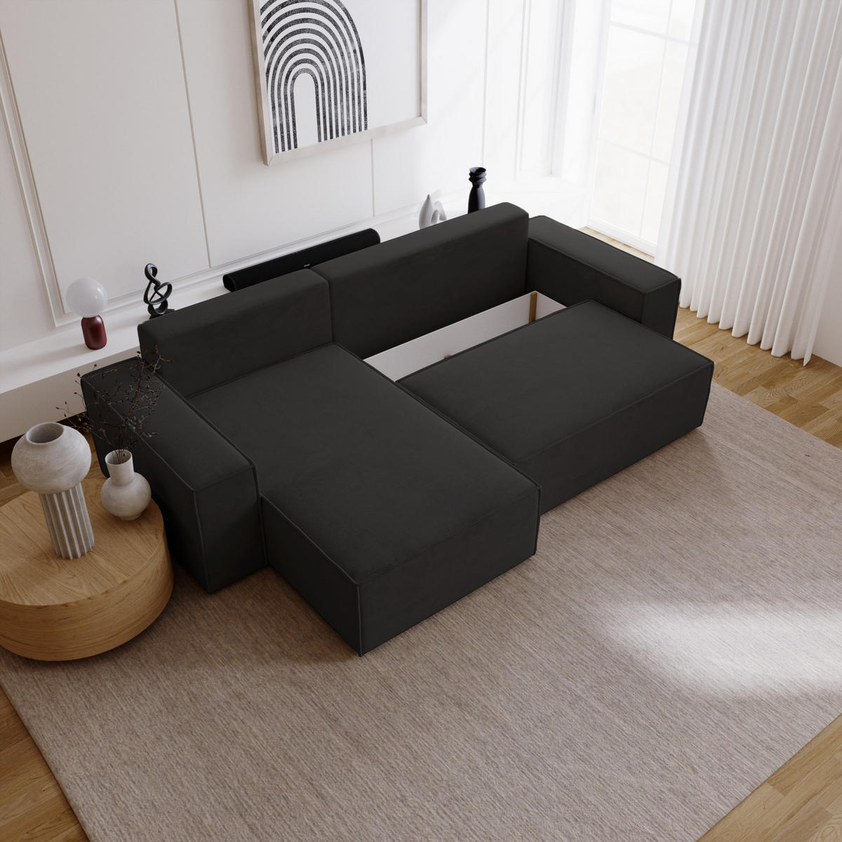 ECKSOFA mit Schlaffunktion Bergamo L 280 cm, Samt, Links - Schwarz - Schwarz, Holz (277/189cm) - Emporius