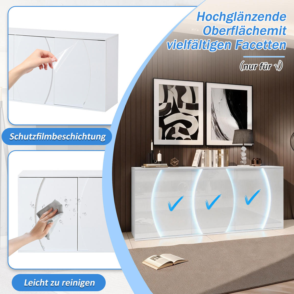 SIDEBOARD aus Spanplatte 150x40x70 cm Weiß mit LED-Beleuchtung, 3 Türen und verstellbaren Einlegeböden - Weiß, Holzwerkstoff (150/70/40cm) - Modfu