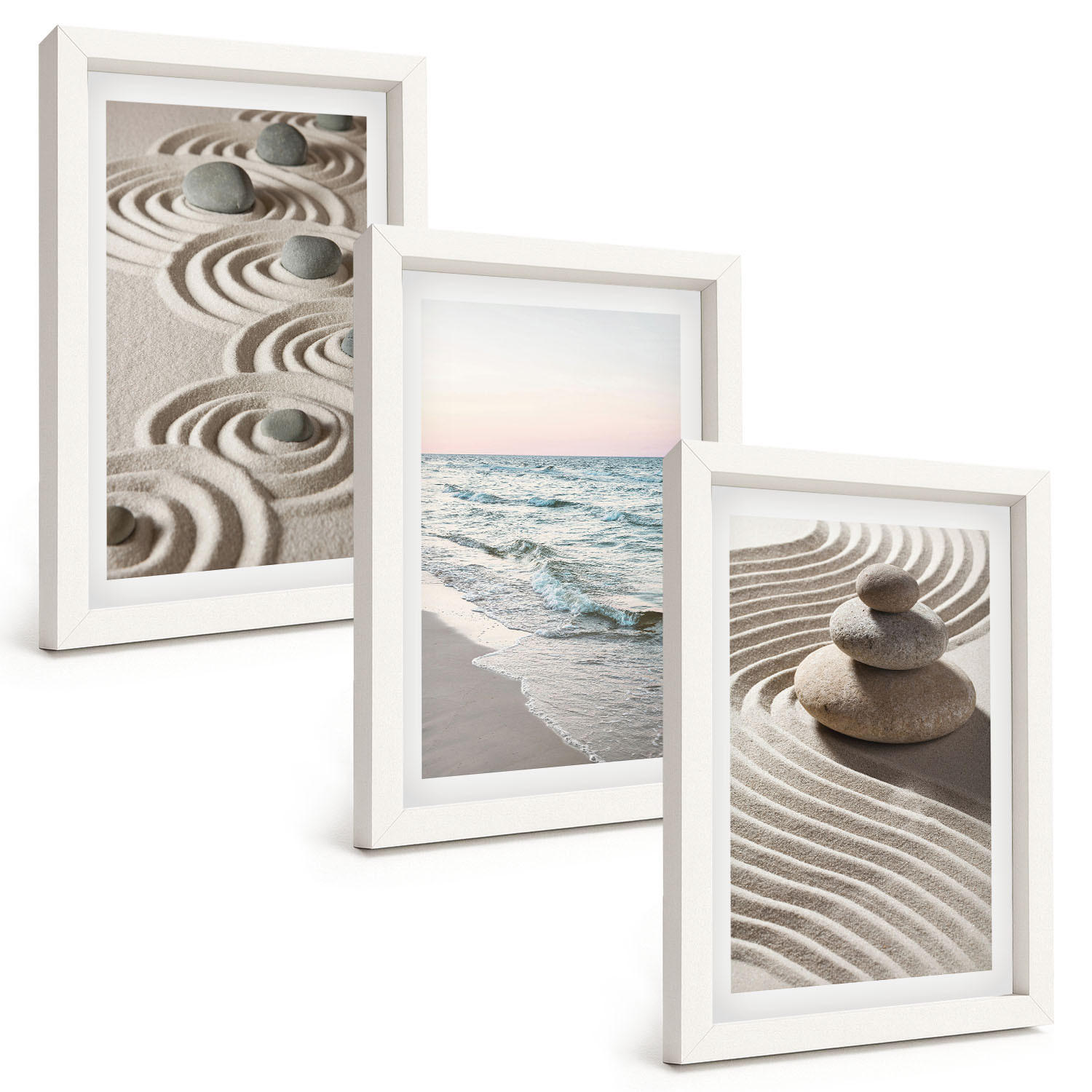 BILDER SET 3er Set - 20x30 cm Weißer Rahmen - Wellen, Sand, Wasser, Steine, Strand - Weiß, Kunststoff (20/30cm) - TULUP