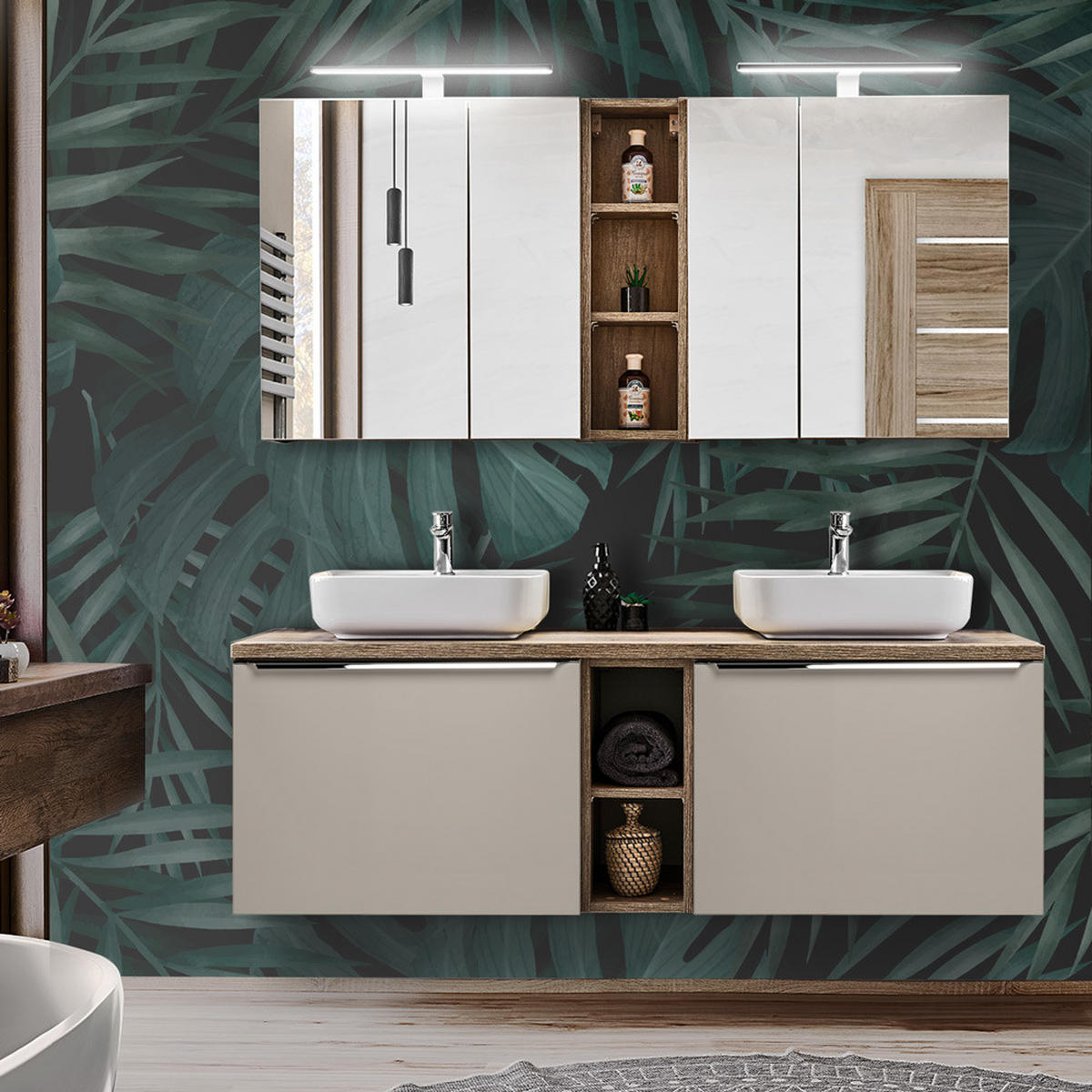 BADMÖBEL-SET 11-TLG. Puebla-56 - Beige, Holzwerkstoff (140/200/46cm) - Lomado