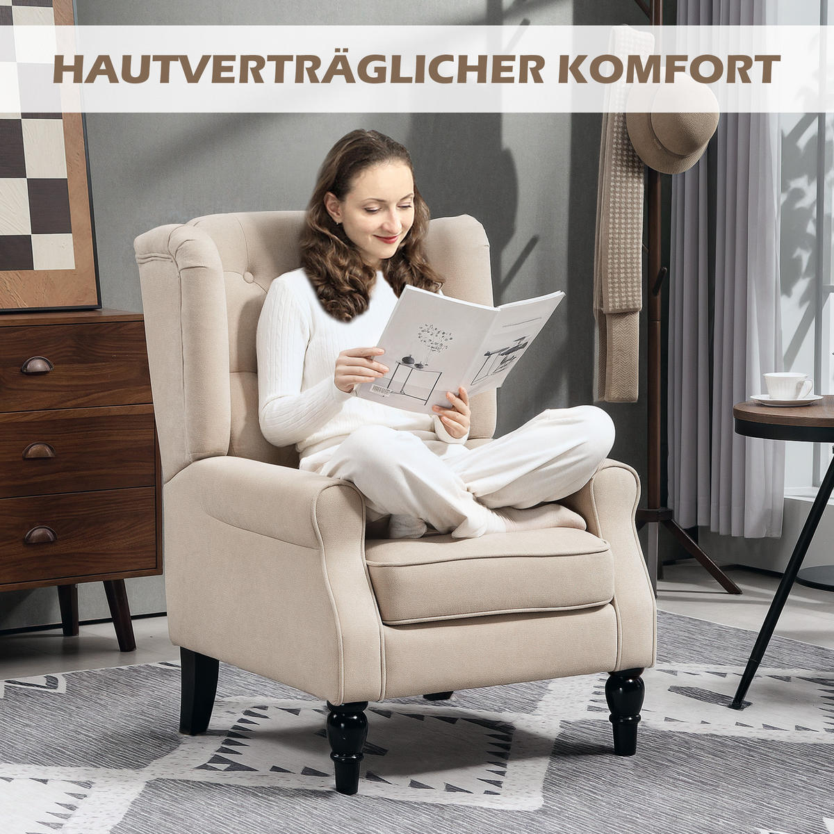 OHRENSESSEL Gepolstert Sessel mit Tufting, hoher Rückenlehne bis 160 kg, Beige - Beige/Schwarz, Holz/Textil (74/102/87cm) - HOMCOM