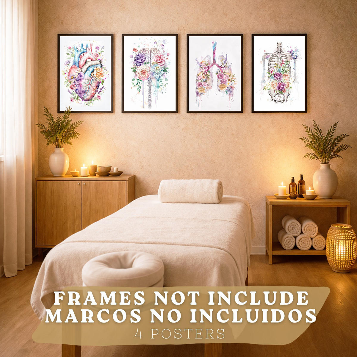 POSTER Set aus 4 Anatomie Mensch Drucke und mit Herz Gehirn Lungen Luftröhre Bronchien Wirbelsäule Florales Aquarell Design Größe Rahmenlos A3 - Klar, Papier (29.7/42/3cm) - Nacnic