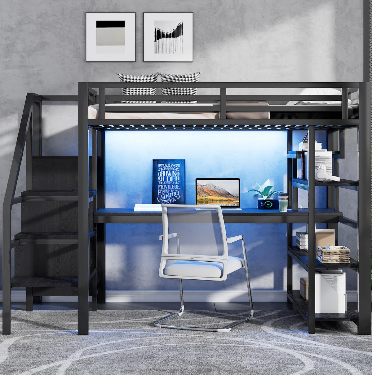 HOCHBETT aus Metall und MDF 140x200 cm Schwarz mit Treppe, Schreibtisch, Kleiderschrank, LED und USB-Ladestation - Schwarz, Holzwerkstoff (90/200cm) - Modfu