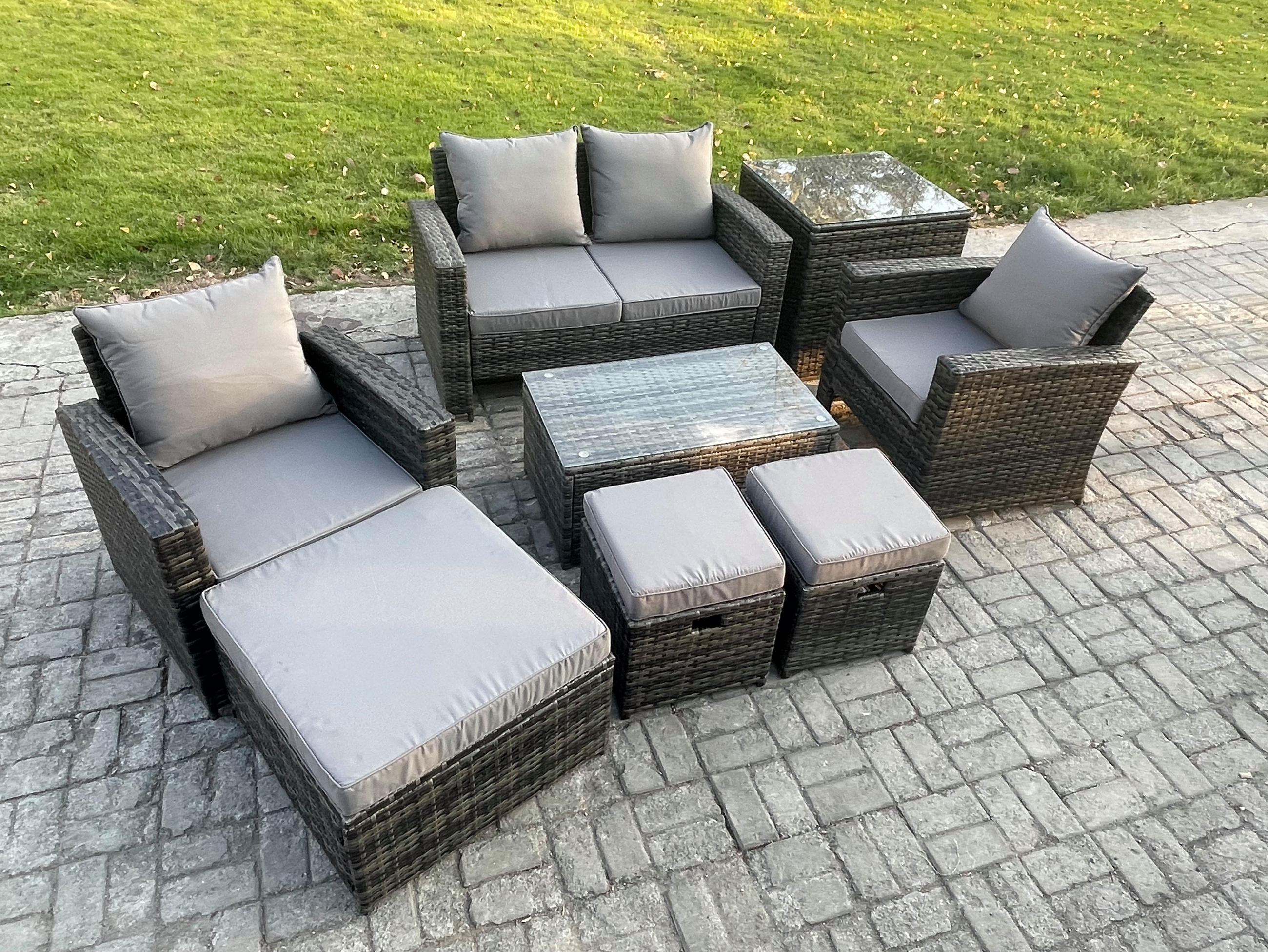 GARTENMÖBEL-SET MIT RECHTECKIGEM COUCHTISCH DOPPELSITZ-SOFA 3 HOCKER BEISTELLTISCHE Polyrattan Dunkelgrau Gemischt 7-Sitzer - Dunkelgrau, Metall - Fimous