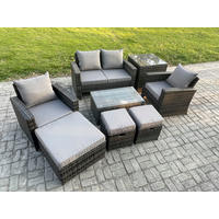 GARTENMÖBEL-SET MIT RECHTECKIGEM COUCHTISCH DOPPELSITZ-SOFA 3 HOCKER BEISTELLTISCHE Polyrattan Dunkelgrau Gemischt 7-Sitzer - Dunkelgrau, Metall - Fimous
