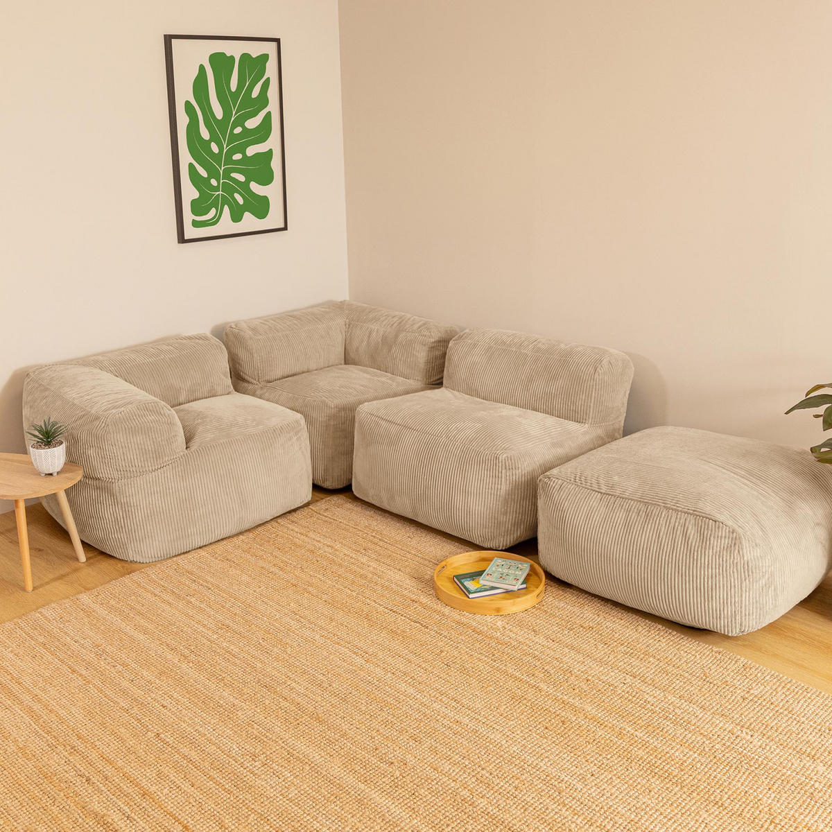 SITZSACK-SOFA 4-tlg. ZEN: 2 Ecksessel, Sessel, Fußstütze - Beige, Textil (390/68/100cm) - icon