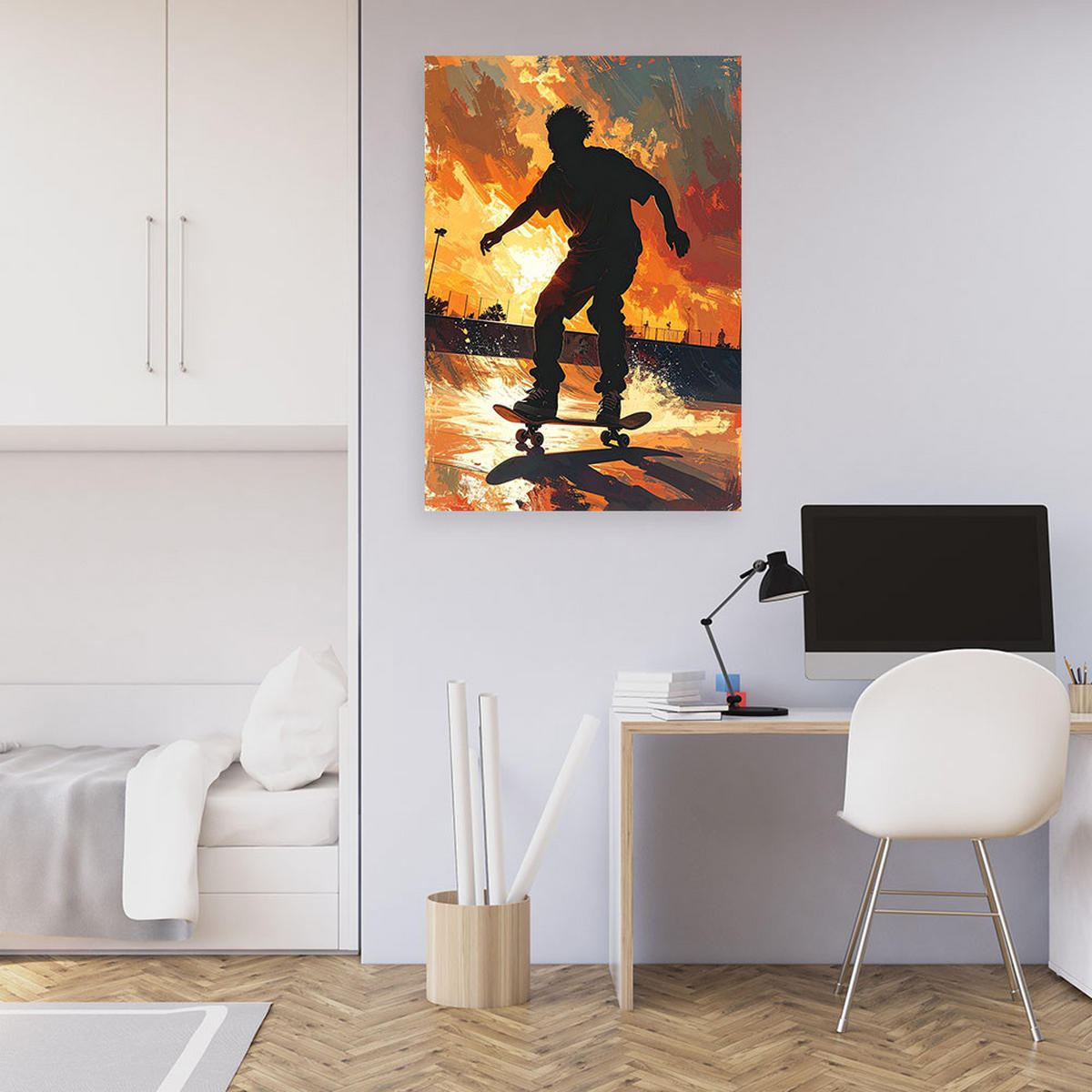 LEINWANDBILDER, Skater bei Sonnenuntergang in dynamischer Komposition - Orange, Textil (30/45cm) - Feeby
