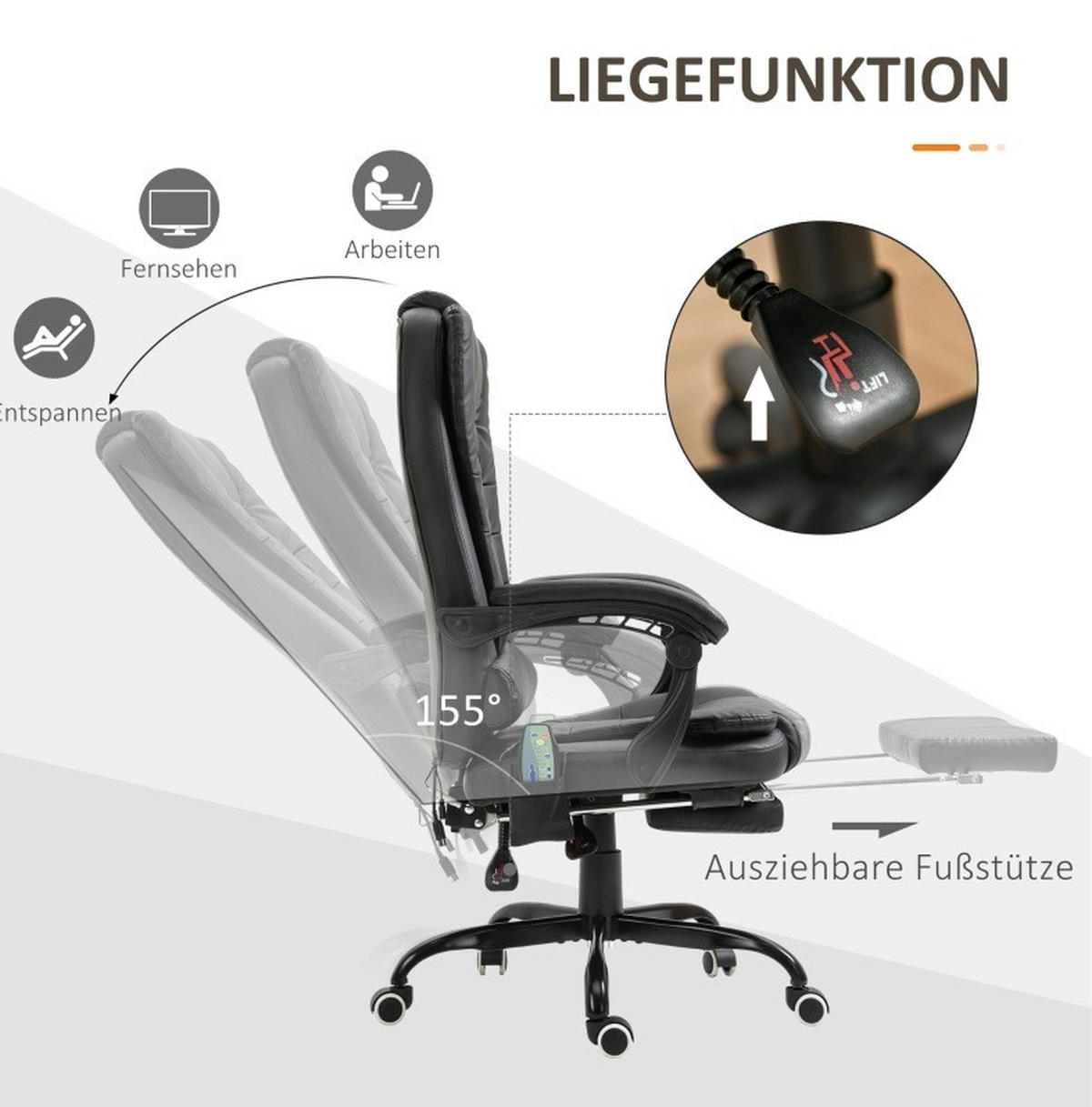 BÜROSTUHL in Schwarz 79x67x121 cm mit Massagefunktion, Fußstütze und verstellbarer Rückenlehne - Schwarz, Kunststoff (67/121/79cm) - IVMEU