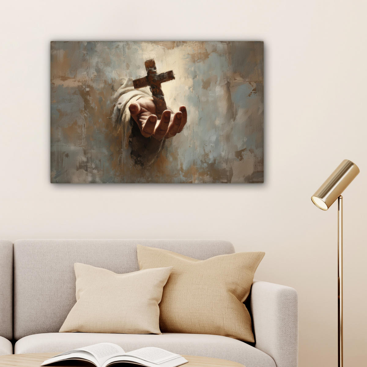 LEINWANDBILD Abstrakt - Kreuz - Hand - Christentum Wanddeko 90x60 cm - Hellbraun, Textil (90/60cm) - MuchoWow