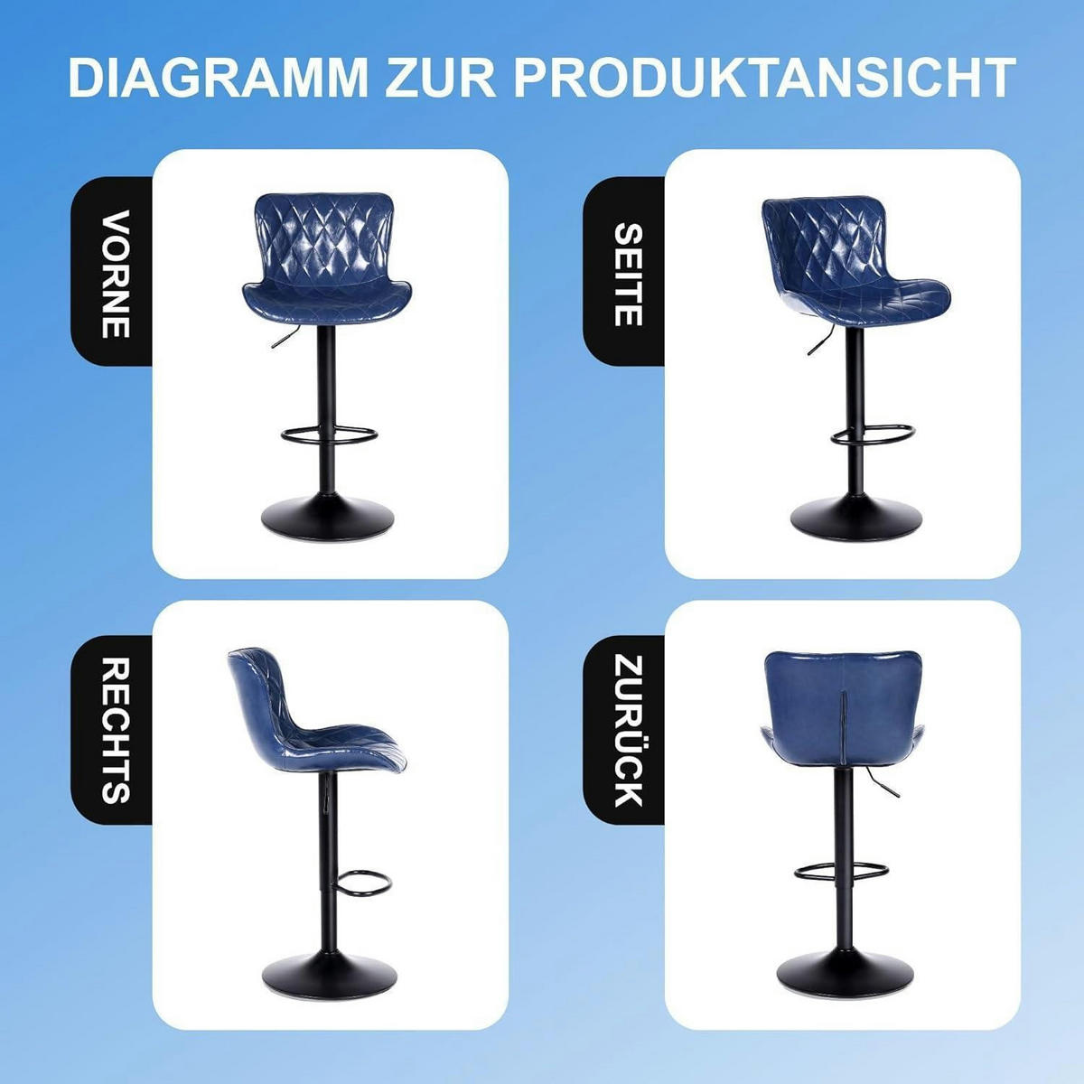 BARHOCKER 2er-Set Leder Blau Höhenverstellbar mit Lehne - Blau, Leder (41/104/52cm)