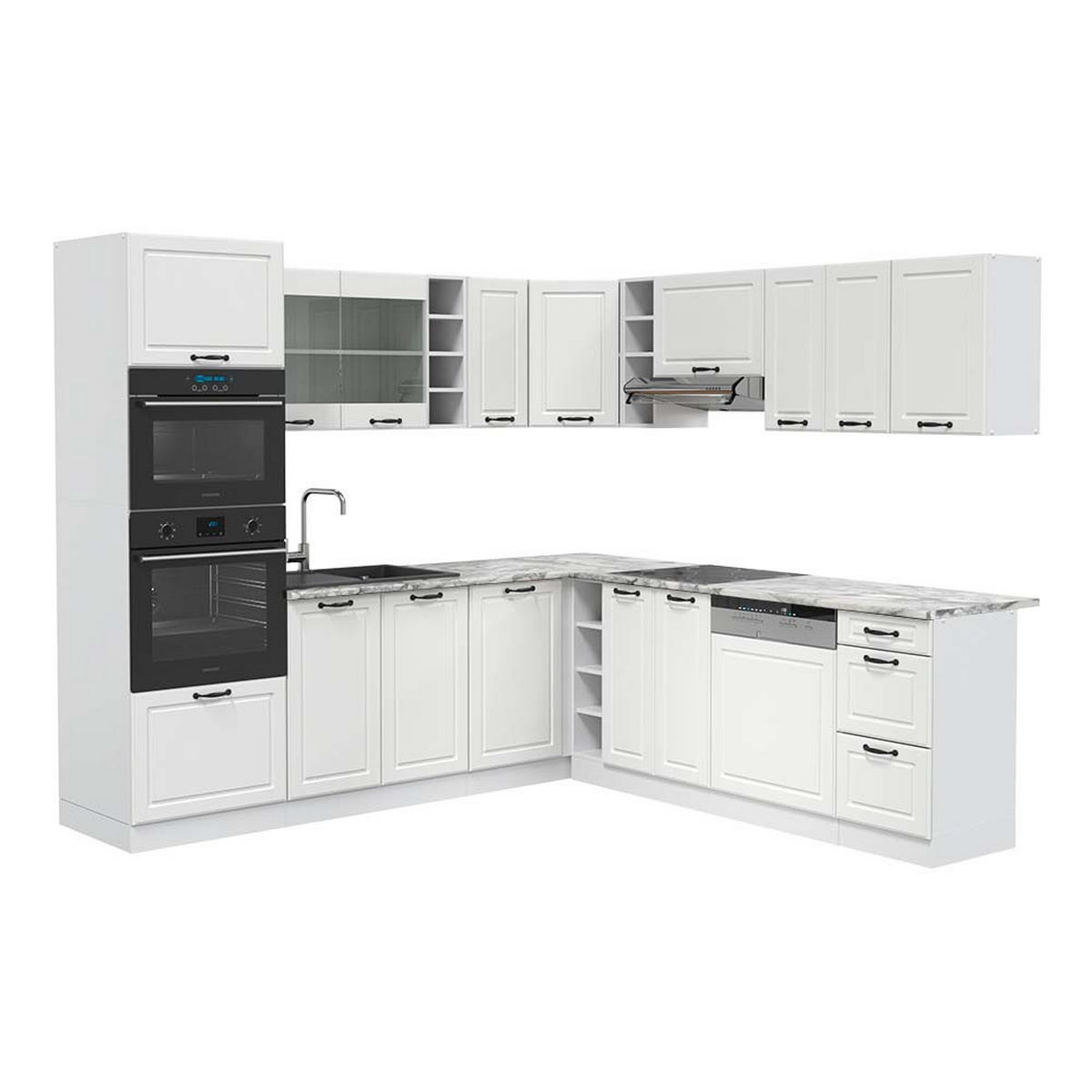 ECKKÜCHE R-Line Weiß Landhaus/Weiß 237 x 60 cm, AP Marmor - Weiß, Holzwerkstoff (247/81.6/60cm) - Vicco
