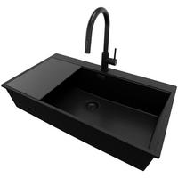 GRANITSPÜLE Oslo, 2-er set Alles Schwarz 88/50 cm 1 Becken + Küchenarmatur 40/20 cm + Ablauf-Set + Schneidebrett ab 90er Unterschrank - Schwarz, Kunststoff (88/20/50cm) - Primagran