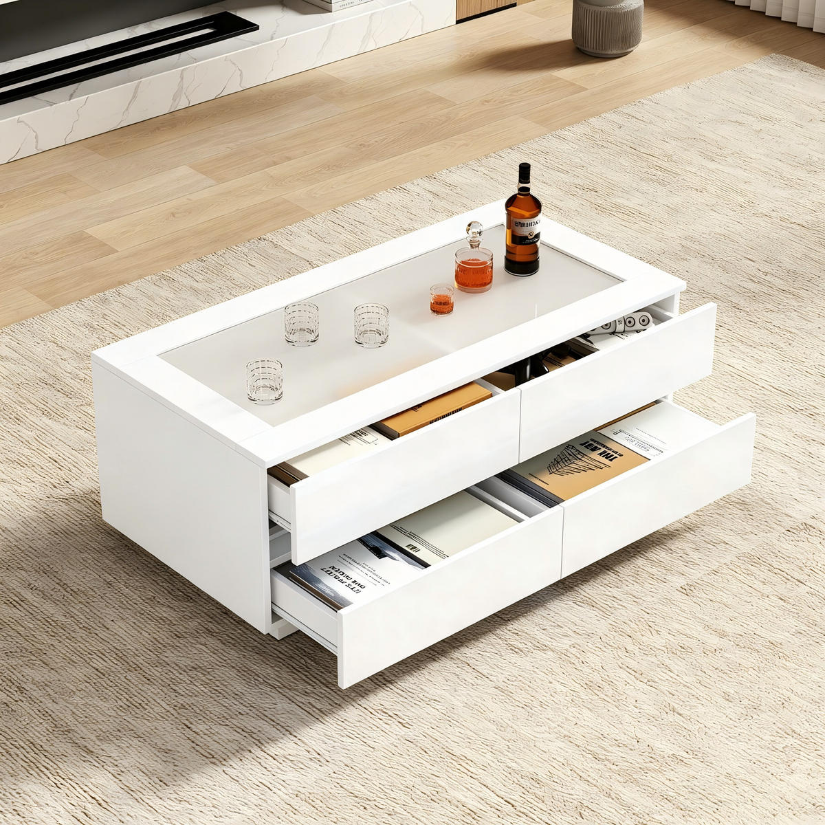 COUCHTISCH mit Glasplatte, 4 Schubladen & LED, Hochglanz Weiß modern, stabile Spanplatte - Weiß, Glas/Holzwerkstoff (100/50/40cm) - EVRYAE