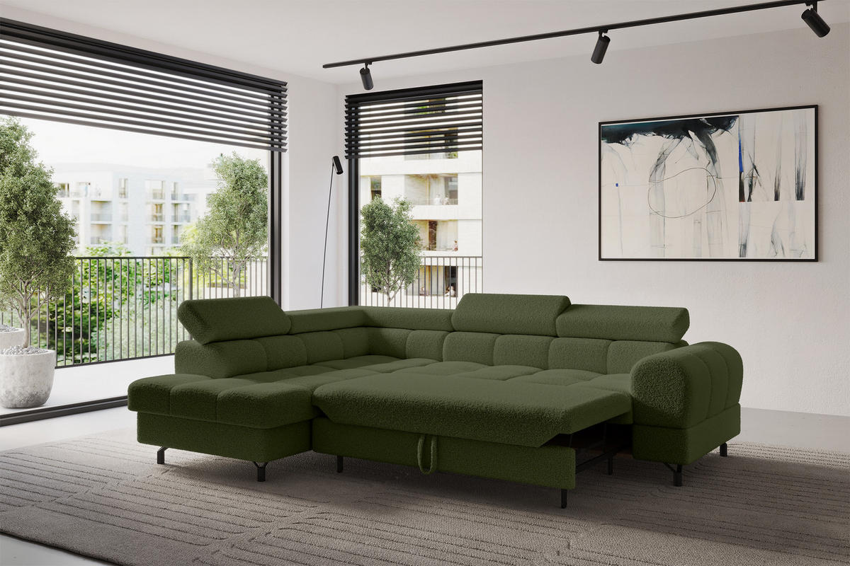 ECKSOFA mit Schlaffunktion Ottomane Links LUMA-L 272x203x70 Grün Bouclé - Smaragdgrün/Schwarz, Holzwerkstoff/Kunststoff (272/203cm) - ALTDECOR